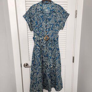 ZARA Cotton Floral/Paisley Blue Midi Dress - Large